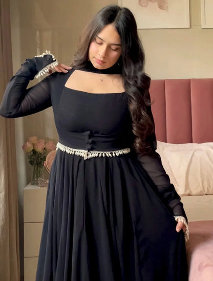 LadyVastara  Elegant Designer Faux Georgette Maxi Anarkali Suit Set With Koti & Dupatta