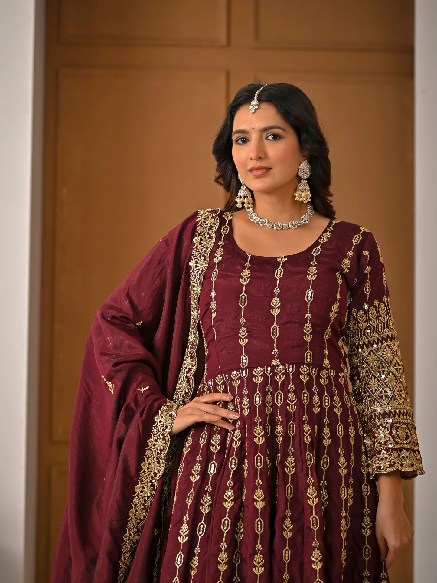 LadyVastara Elegant Maroon Ethnic Kurta Palazzo Set with Full Embroidery