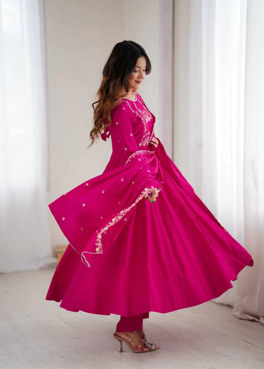 LadyVastara Premium Roman Chanderi Silk Flared Anarkali Suit Set with Embroidered Dupatta for Wedding & Festive Wear