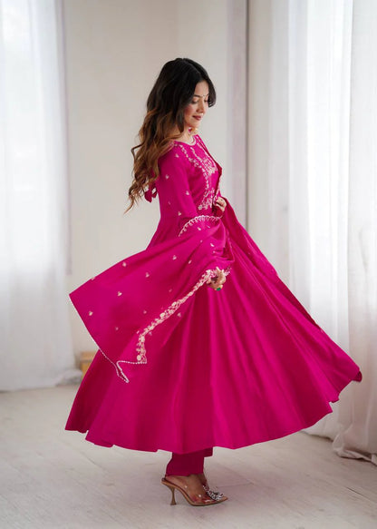 LadyVastara Premium Roman Chanderi Silk Flared Anarkali Suit Set with Embroidered Dupatta for Wedding & Festive Wear