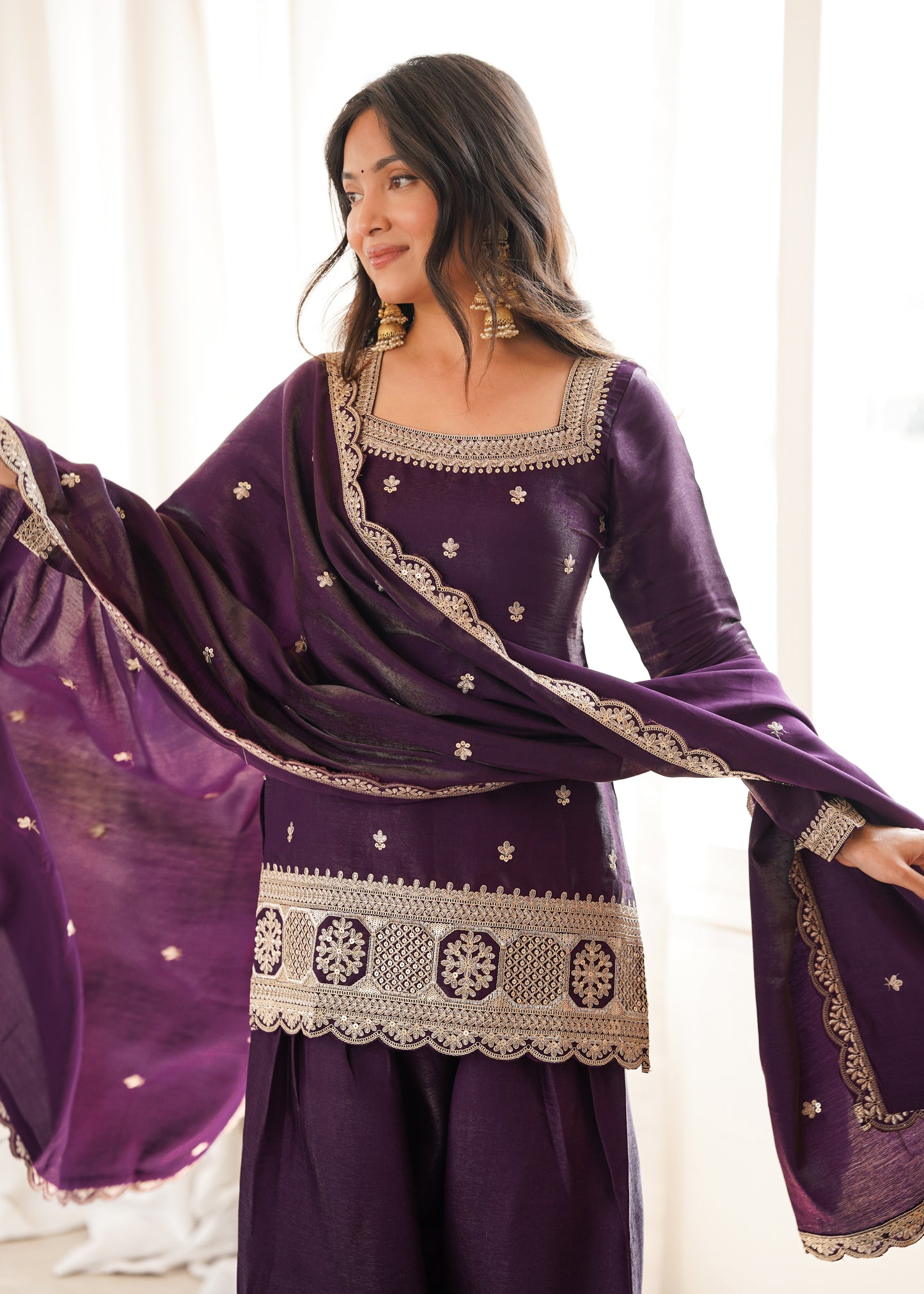 LadyVastara Premium Glass Roman Silk Embroidered Kurta Farshi Shalwar Set with Dupatta