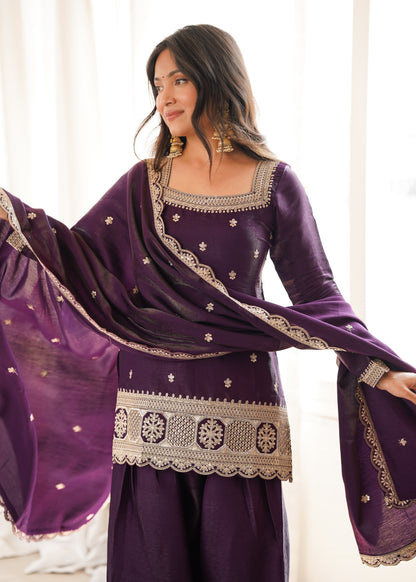LadyVastara Premium Glass Roman Silk Embroidered Kurta Farshi Shalwar Set with Dupatta