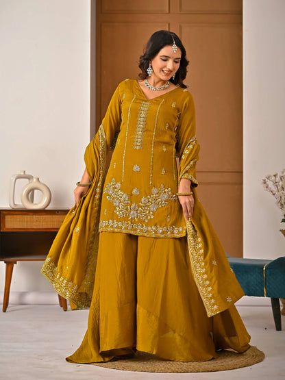 LadyVastara Women's Heavy NC Vichitra Embroidered Sharara Set with Dupatta