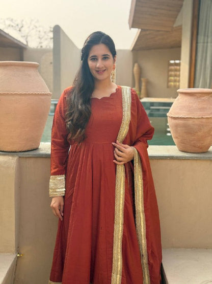LadyVastara Heavy NC Vichitra Embroidered Anarkali Suit Set with Pant & Sequence Dupatta