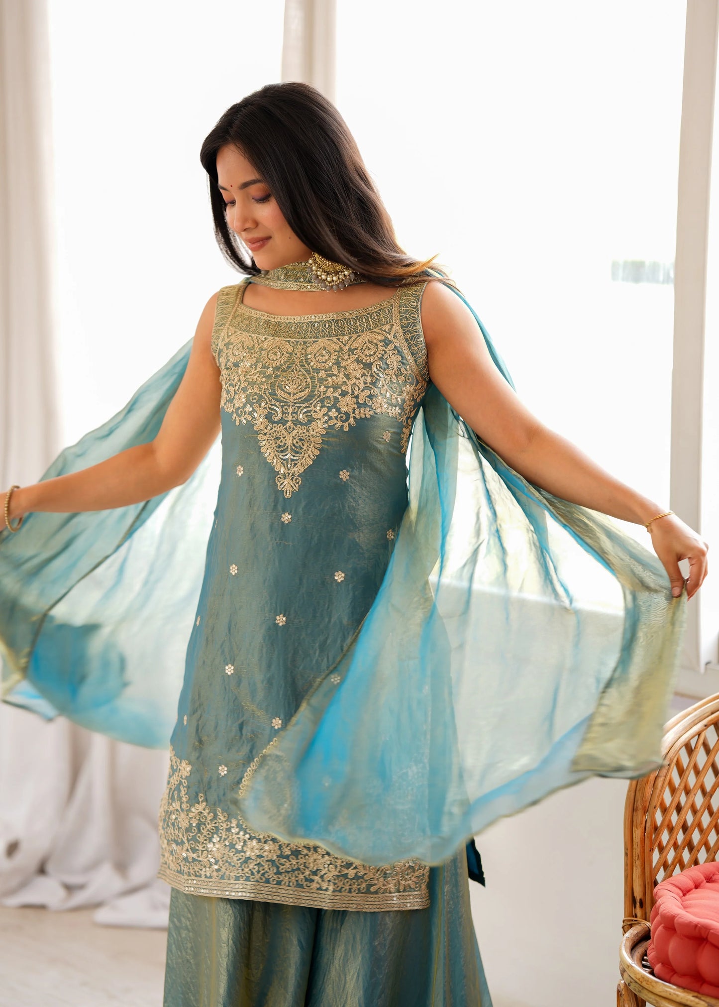 LadyVastara Premium Pure Fendy Silk Embroidered Sharara Set with Dupatta