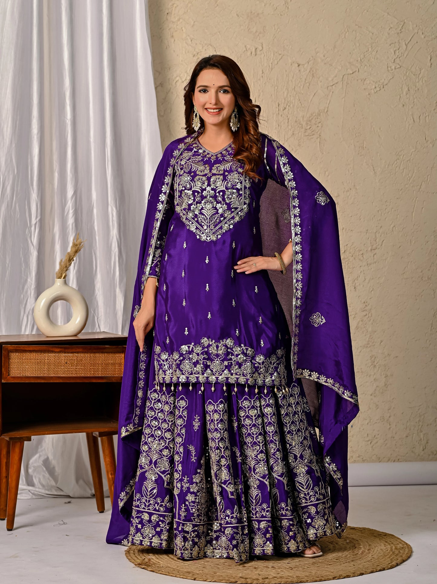 LadyVastara Royal Purple Luxurious Wedding & Party Wear Heavy Embroidered Sharara Suit