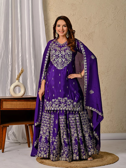 LadyVastara Royal Purple Luxurious Wedding & Party Wear Heavy Embroidered Sharara Suit
