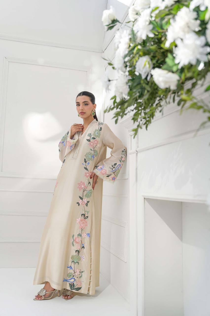 Women's Pure Roman Glass Embroidered Long Kaftan Set with Bottom & Dupatta