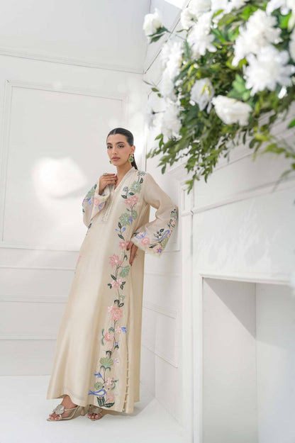 Women's Pure Roman Glass Embroidered Long Kaftan Set with Bottom & Dupatta