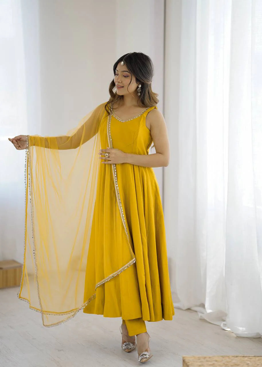 LadyVastara Premium Chanderi RomanSilk Anarkali with Soft Net Dupatta & Fancy Lace Work