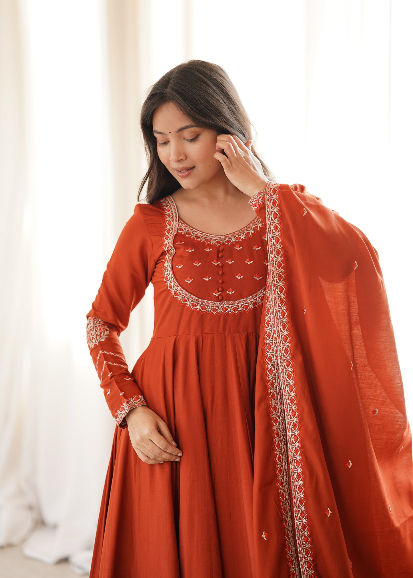 LadyVastara Premium Roman Chanderi Silk Anarkali Suit with Pant & Dupatta