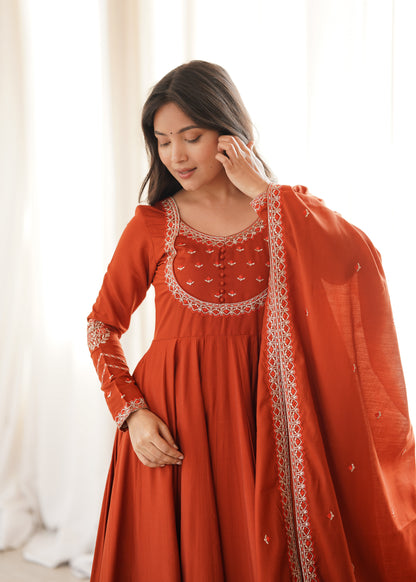 LadyVastara Premium Roman Chanderi Silk Anarkali Suit with Pant & Dupatta