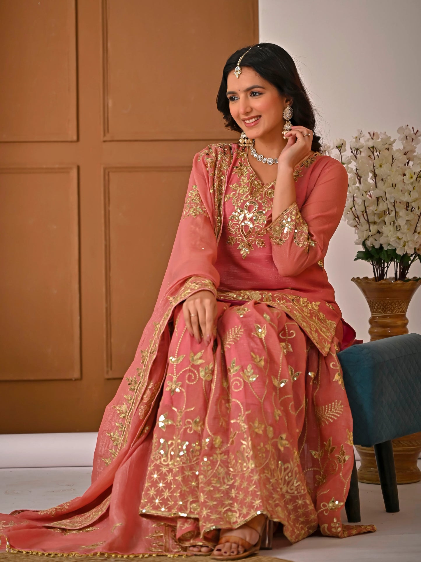 LadyVastara Royal Peach Crunchy Silk Embroidered Sharara Set