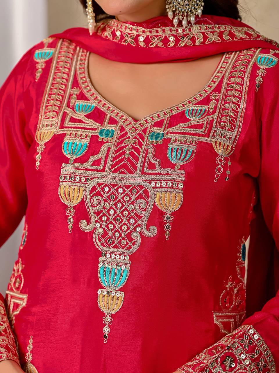 LadyVastara Designer Chinnon Silk Kurta Sharara Set with Embroidered Dupatta