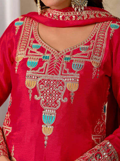 LadyVastara Designer Chinnon Silk Kurta Sharara Set with Embroidered Dupatta