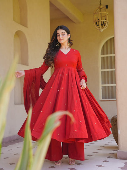 LadyVastara Heavy Roman Silk Embroidered Anarkali Kurta Set with Palazzo & Chanderi Silk Dupatta