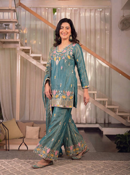 LadyVastara Premium Sindoori Satin Silk Embroidered Palazzo Suit Set for Women