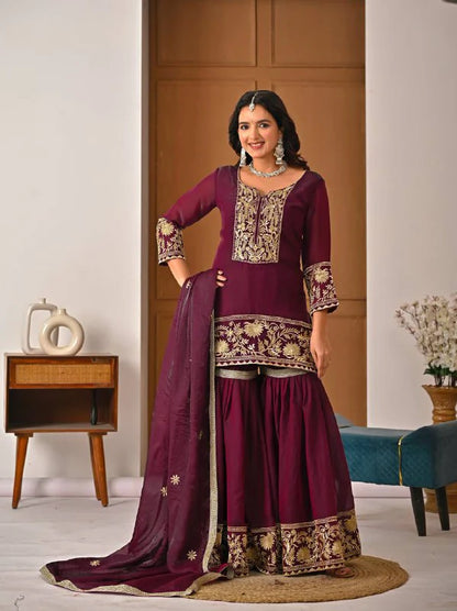LadyVastara Premium Heavy Fendy Silk Embroidery Sharara Palazzo Suit