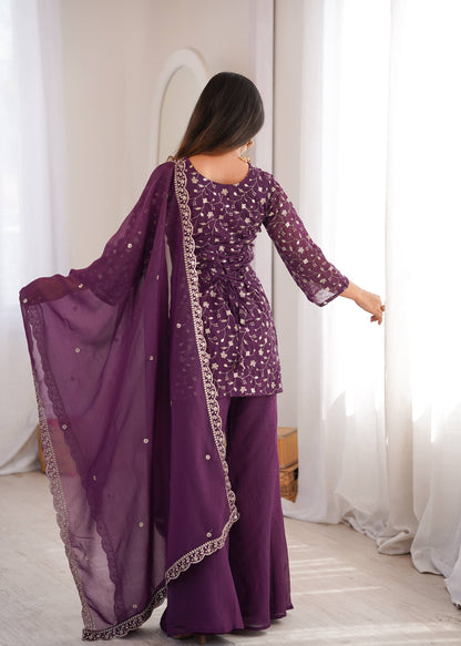 LadyVastara Designer Crunchy Silk Kurta Bell Bottom Set With Embroidery Sequence & Zari Work Dupatta