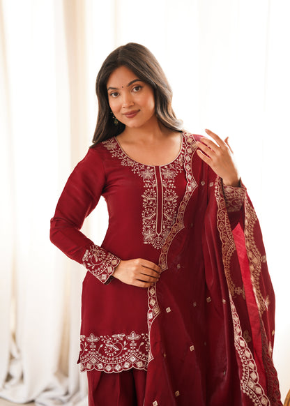 LadyVastara Elegant Glass Roman Silk Kurta Farshi Shalwar Set with Embroidered Dupatta