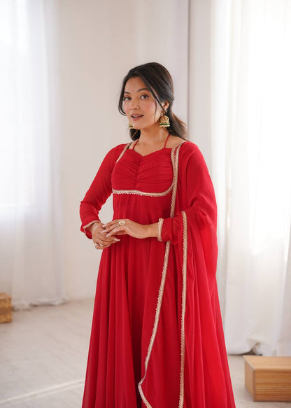 LadyVastara Premium Designer Fox Georgette Long Gown with Rich Flare & Lace Dupatta