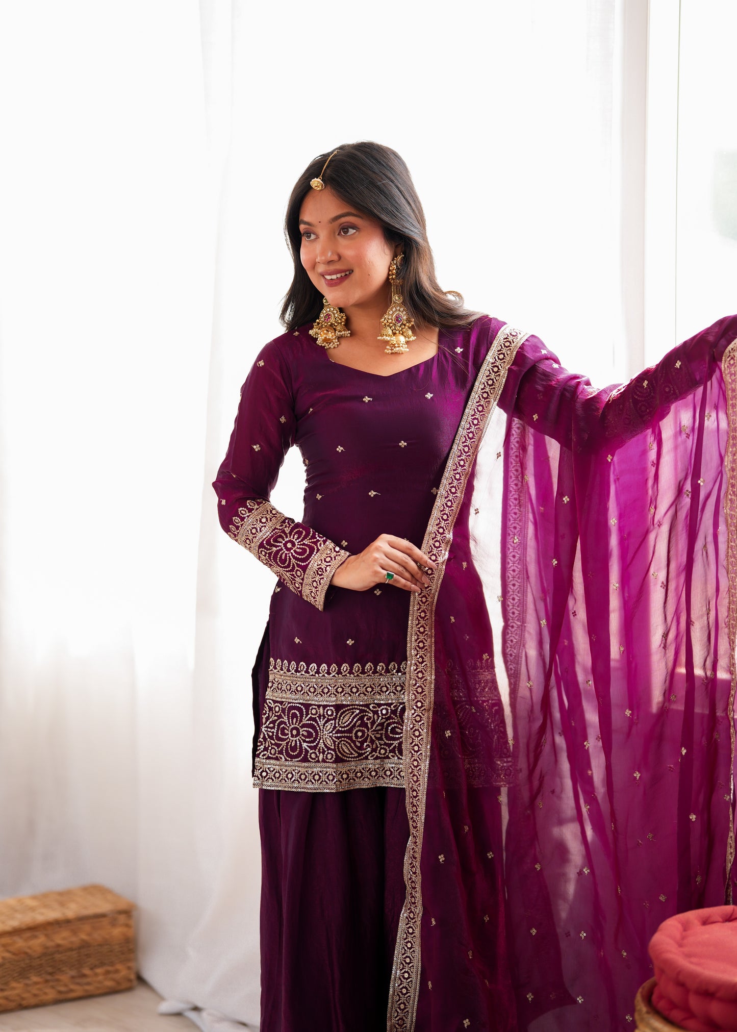 LadyVastara Heavy Fendy Silk Embroidered Kurta with Farshi Shalwar & Roman Silk Dupatta