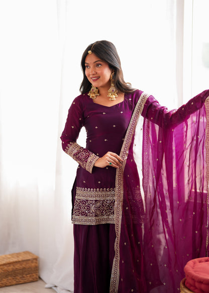 LadyVastara Heavy Fendy Silk Embroidered Kurta with Farshi Shalwar & Roman Silk Dupatta
