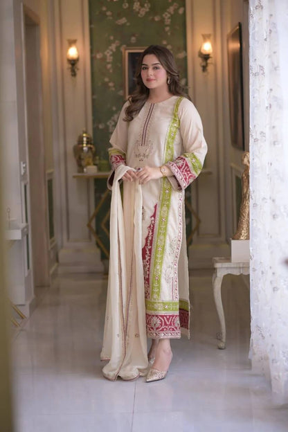 LadyVastara Elegant Embroidered Roman Silk Kurta Set for Festive Occasions