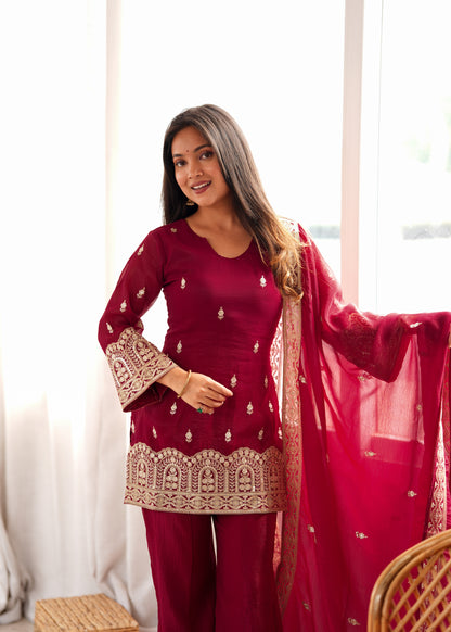 LadyVastara Designer Crunchy Silk Embroidered Kurta Bell Bottom Pant Set with Dupatta