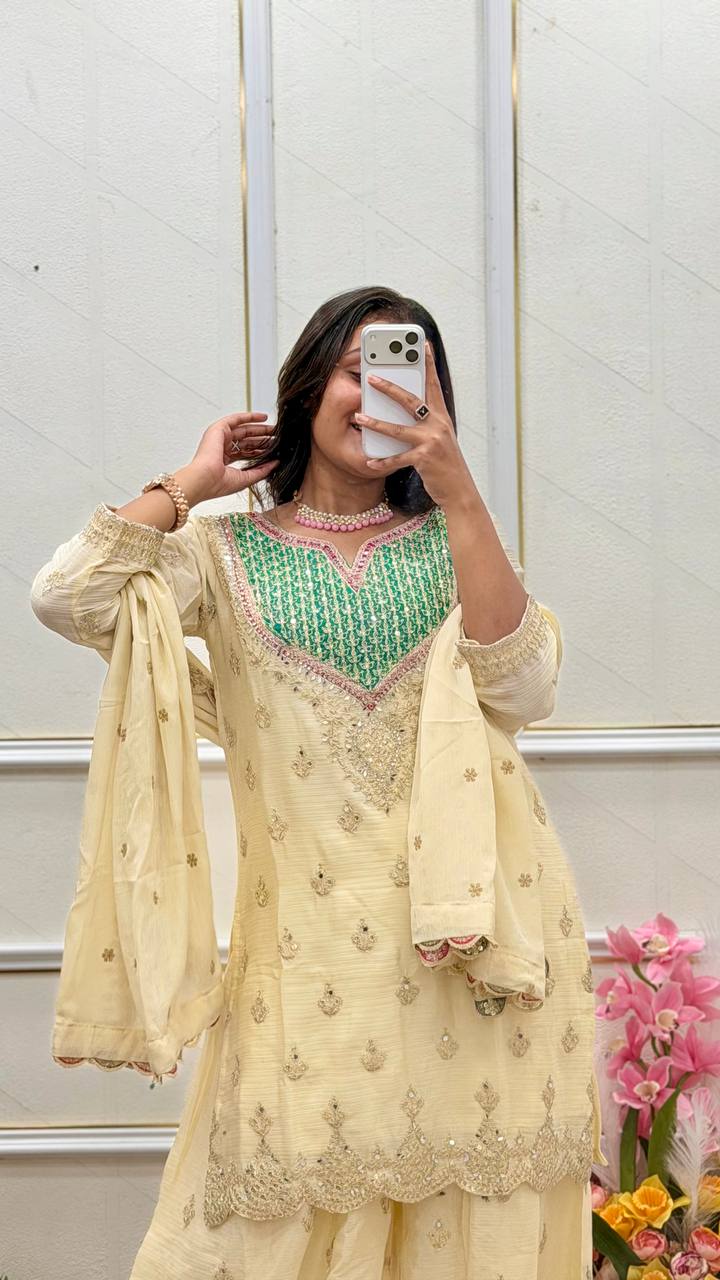 Chinon Silk Embroidered Mirror Work Palazzo Suit Set with Dupatta