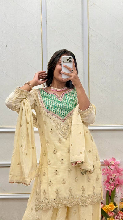 Chinon Silk Embroidered Mirror Work Palazzo Suit Set with Dupatta