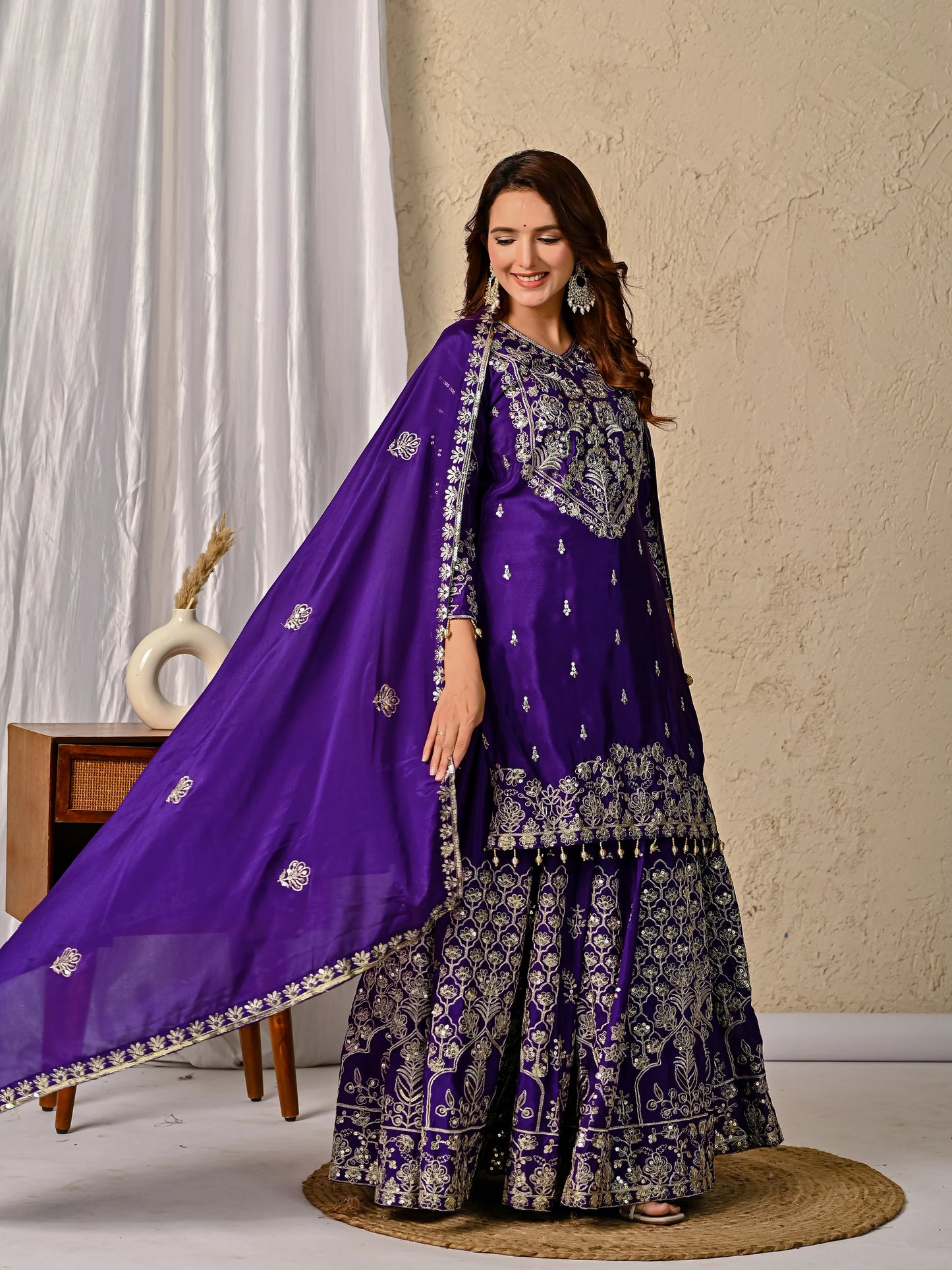 LadyVastara Royal Purple Luxurious Wedding & Party Wear Heavy Embroidered Sharara Suit