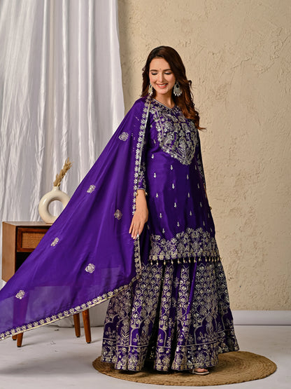 LadyVastara Royal Purple Luxurious Wedding & Party Wear Heavy Embroidered Sharara Suit