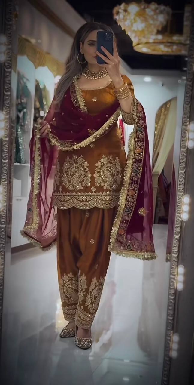 LadyVastara Heavy Embroidered Crushi Silk Top with Stylish Farshi Salwar Set