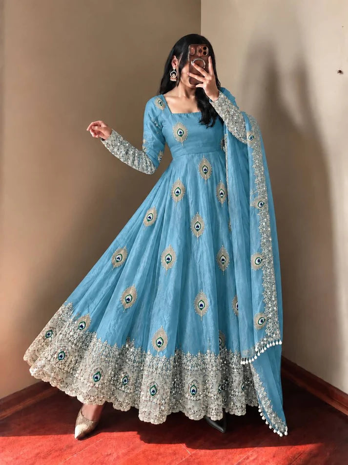 Exclusive Designer Fendy Silk Gown with Heavy Sequence Embroidery – Wedding, Festive & Party Wear