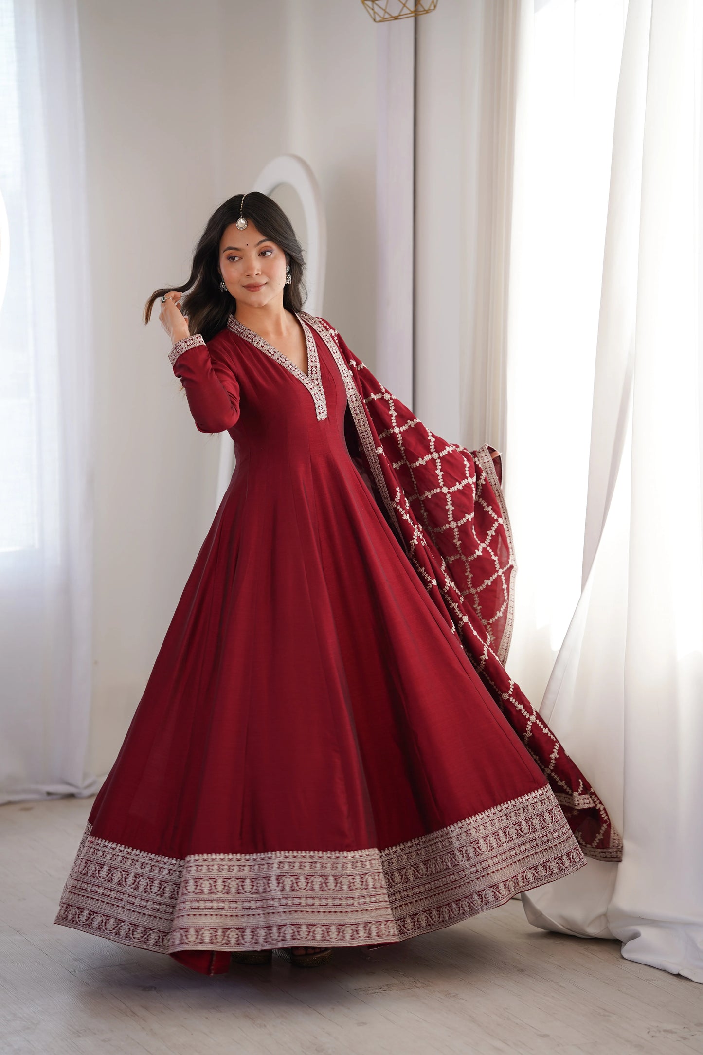 LadyVastara Royal Blooming Vichitra Silk Full Kali Anarkali Gown Set