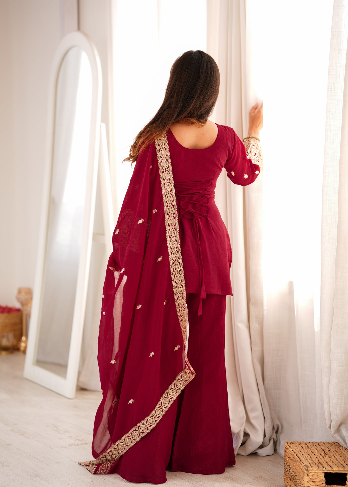 LadyVastara Designer Crunchy Silk Embroidered Kurta Bell Bottom Pant Set with Dupatta