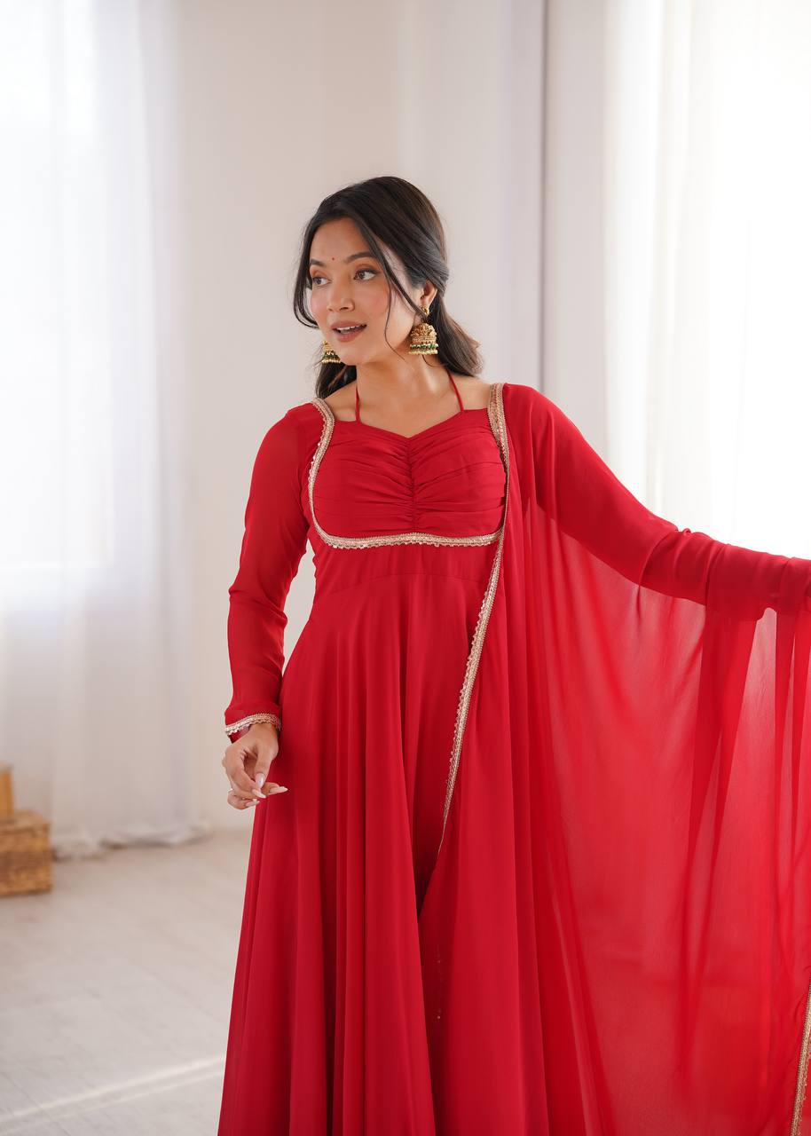 LadyVastara Premium Designer Fox Georgette Long Gown with Rich Flare & Lace Dupatta