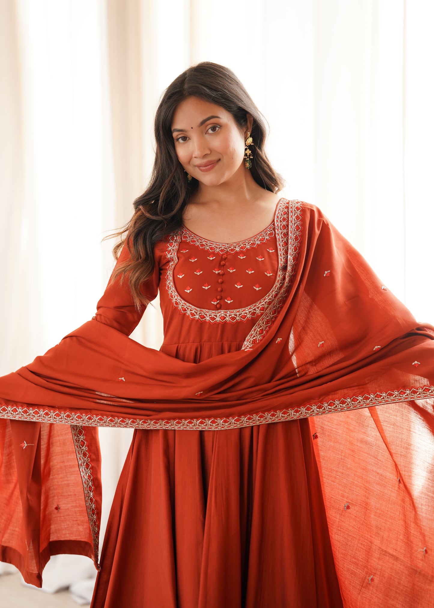 LadyVastara Premium Roman Chanderi Silk Anarkali Suit with Pant & Dupatta