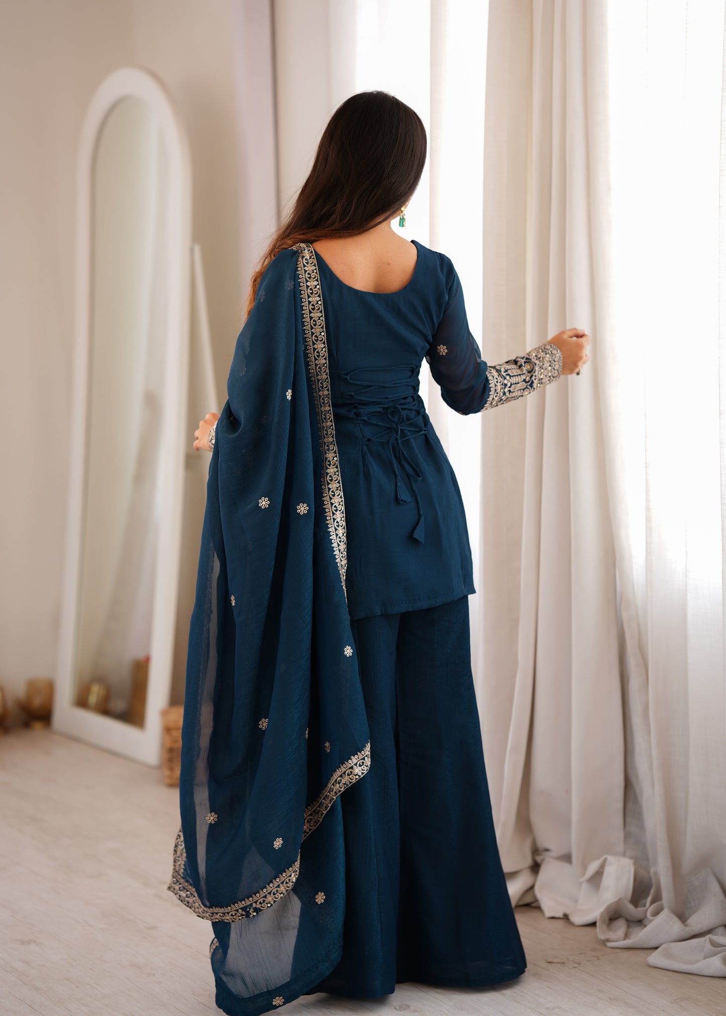 LadyVastara Crunchy Silk Embroidered Kurta with Bell Bottom Pant & Dupatta