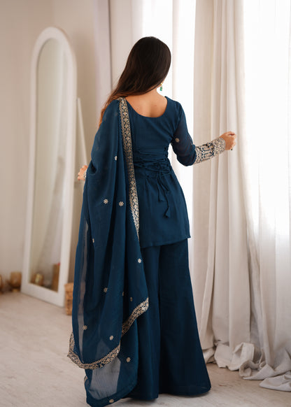 LadyVastara Crunchy Silk Embroidered Kurta with Bell Bottom Pant & Dupatta