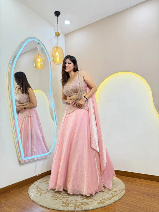 LadyVastara Royal Pink Fandy Organza Lehenga Choli with Cancan for Reception, Sangeet & Party Wear