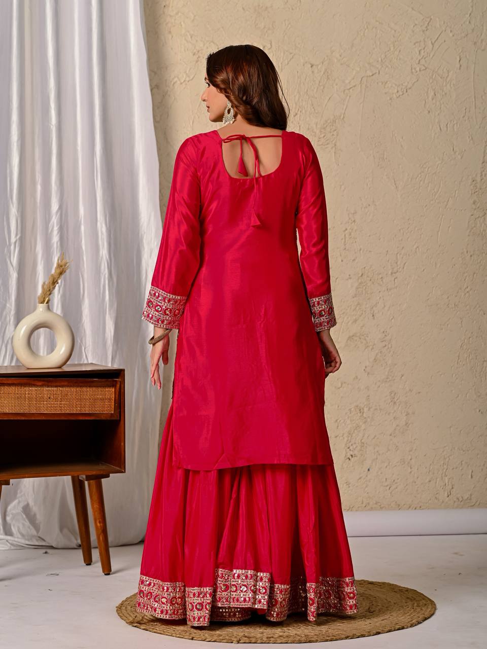 LadyVastara Designer Chinnon Silk Kurta Sharara Set with Embroidered Dupatta