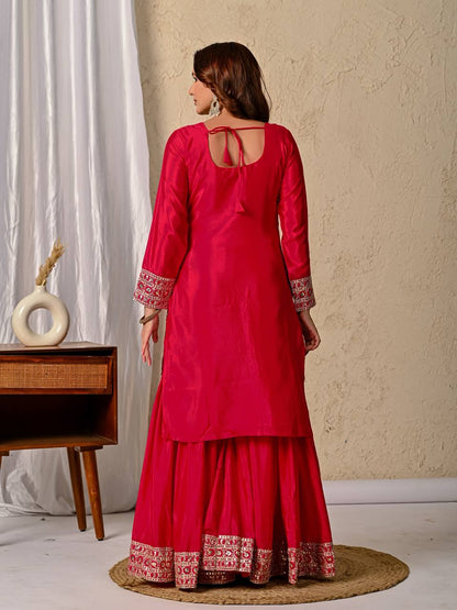 LadyVastara Designer Chinnon Silk Kurta Sharara Set with Embroidered Dupatta