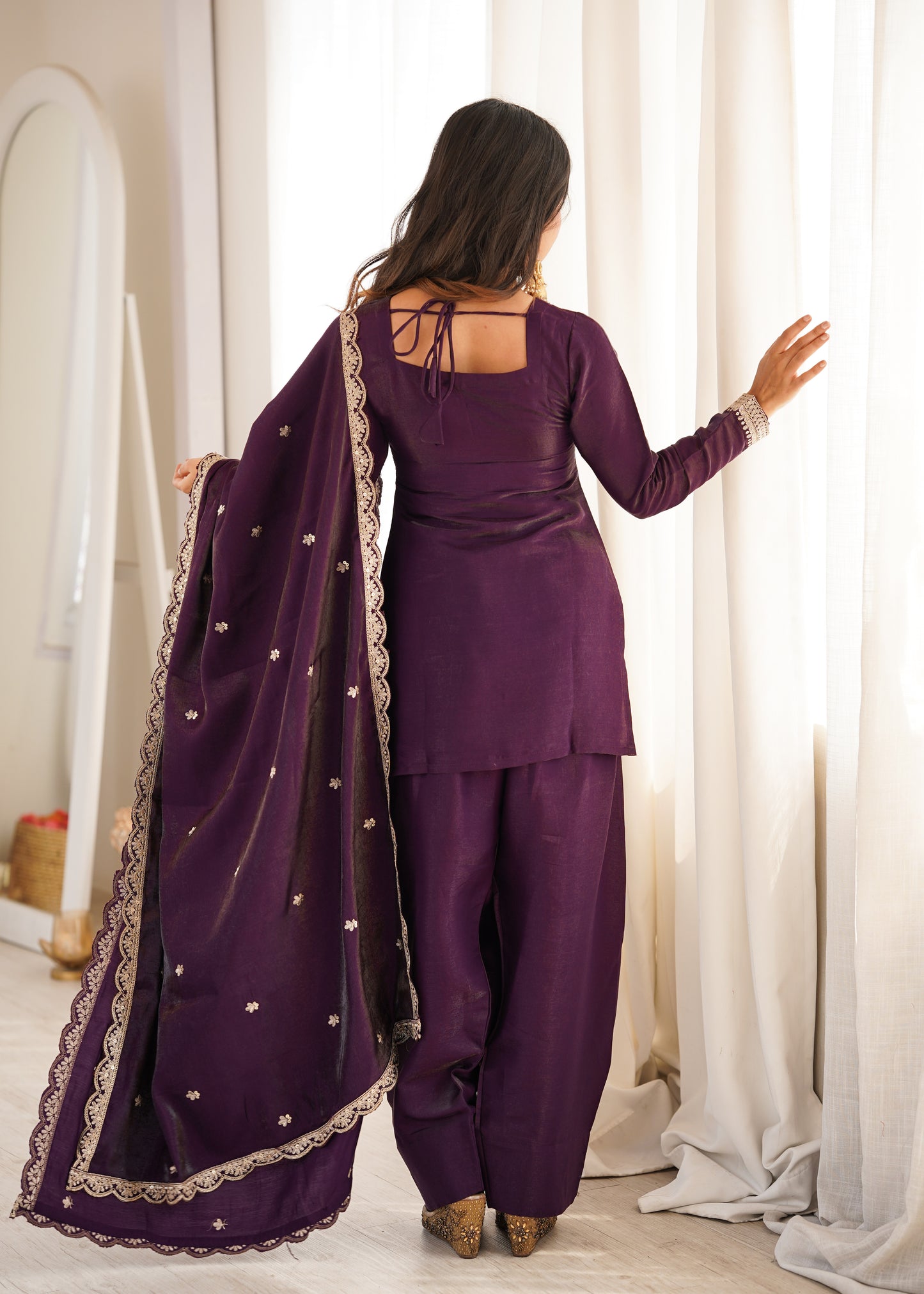 LadyVastara Premium Glass Roman Silk Embroidered Kurta Farshi Shalwar Set with Dupatta