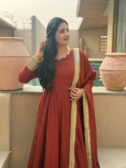 LadyVastara Heavy NC Vichitra Embroidered Anarkali Suit Set with Pant & Sequence Dupatta