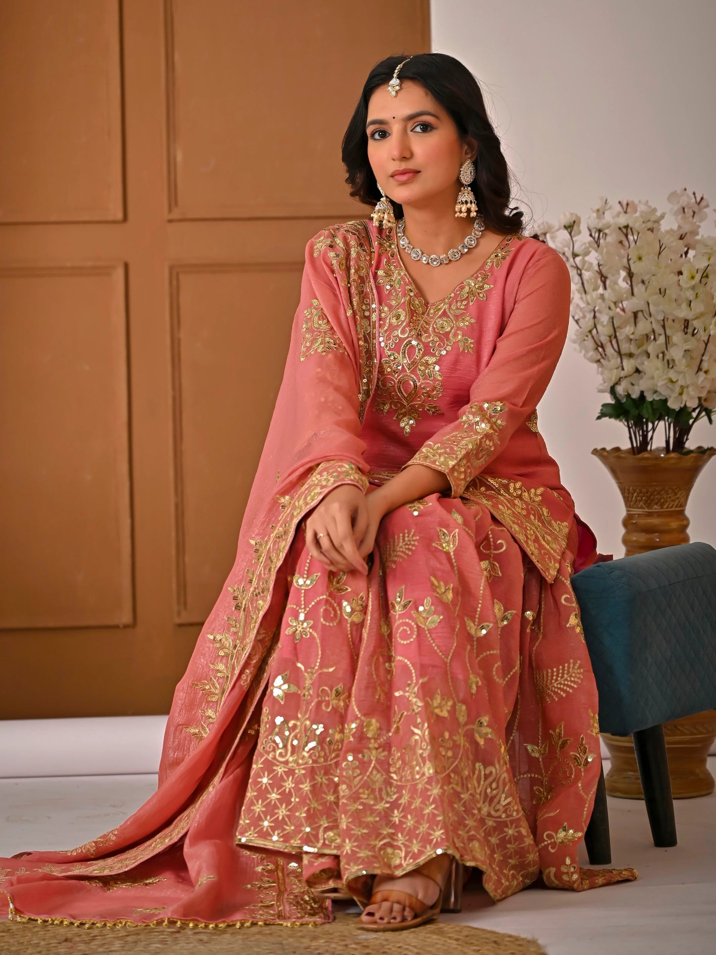 LadyVastara Royal Peach Crunchy Silk Embroidered Sharara Set