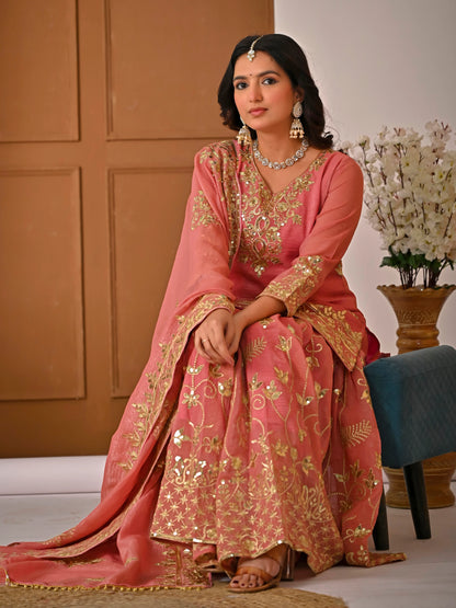 LadyVastara Royal Peach Crunchy Silk Embroidered Sharara Set