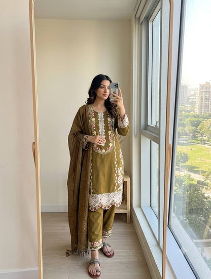 Women's Pure Satin Rayon Embroidered Kurta Set with Bottom & Dupatta