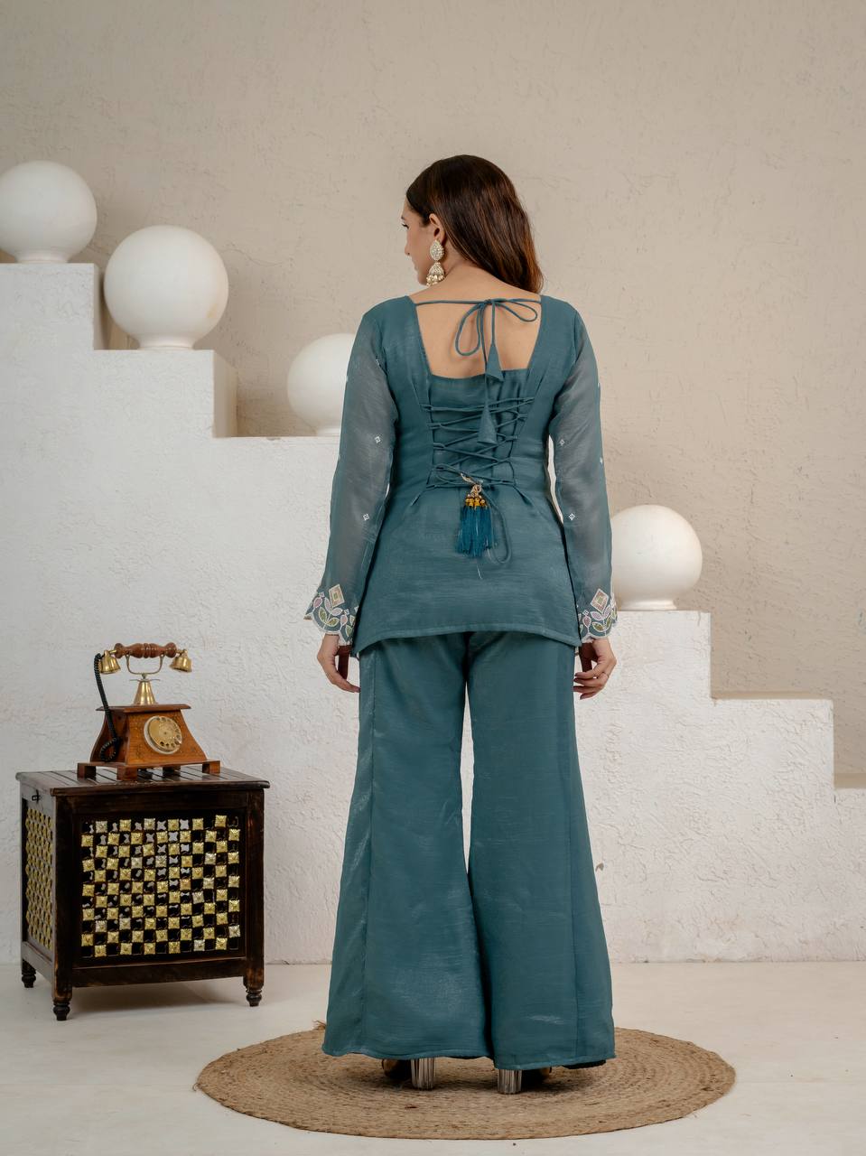 LadyVastara Heavy Crunchy Silk Embroidered Kurta Set with Palazzo & Dupatta